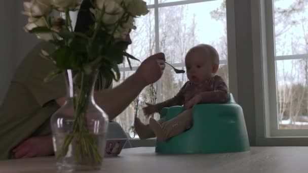 Dad Feeding Newborn Baby Table Spoon Domestic Kitchen — Video Stock