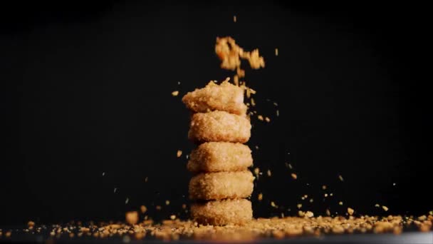 Stack Vegan Chicken Nuggets Bread Crumbs Falling Them While Rotate — Video Stock