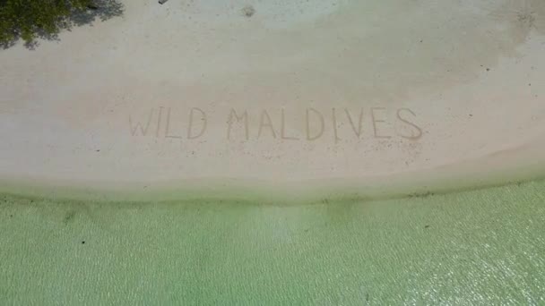 野生马尔代夫在沙滩上的题词 在绿树成荫的背景下 白色的沙滩上 还有华丽的水色 遥远的无人机 — 图库视频影像