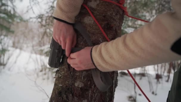 Man Upevnění Popruh Stezky Kamera Kmeni Stromu Zavřít — Stock video