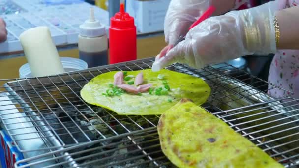 Close Person Making Traditional Pancake Asian Street Market — Video Stock