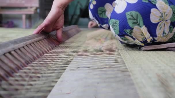 Närbild Processen För Sedge Matta Vävning Populär Asiatisk Tradition — Stockvideo