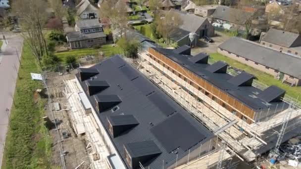 Aerial View Solar Panels Rooftop Newly Constructed Homes Drone Lifting — Video