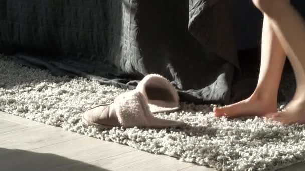 Person Puts Cozy Warm Slippers Early Winter Morning Motion View — Wideo stockowe