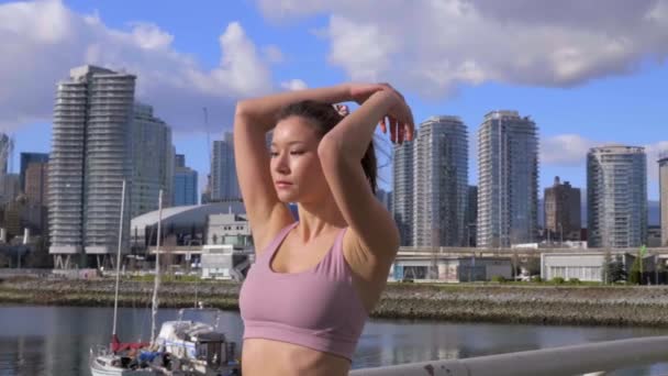 Mulher Paisagem Cidade Fazendo Tríceps Suspenso Com Braço Atrás Cabeça — Vídeo de Stock