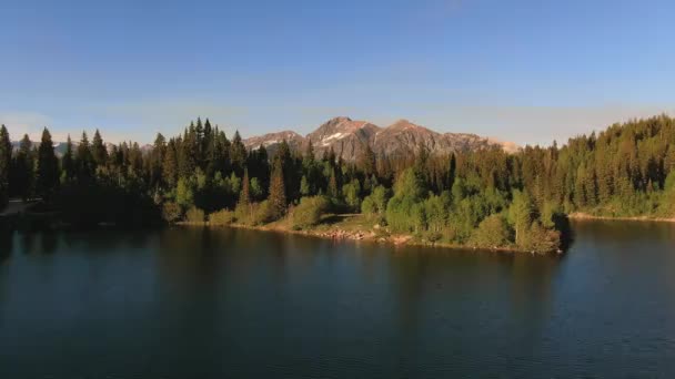 Dron Létání Přes Jezero Borovice Odhalit Krásný Vrchol Hory Obklopen — Stock video