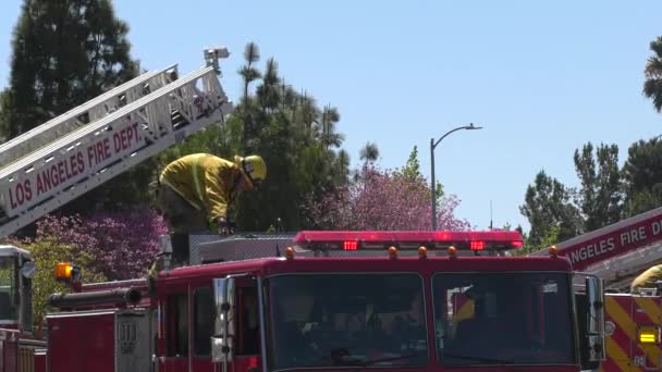Πυροσβέστες Ανεβαίνουν Σκάλα Του Φορτηγού — Αρχείο Βίντεο