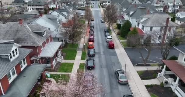 美国宾夕法尼亚赫希的住宅区 春天开花的树沿着狭窄的街道生长 两层楼的房子和家庭住房 空中业务 — 图库视频影像