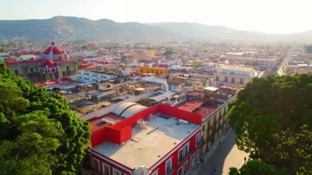 木々の間を飛ぶドローンは 黄金の時間の日没の間にメキシコの都市景観の美しいカラフルなオアハカ市を明らかにする — ストック動画