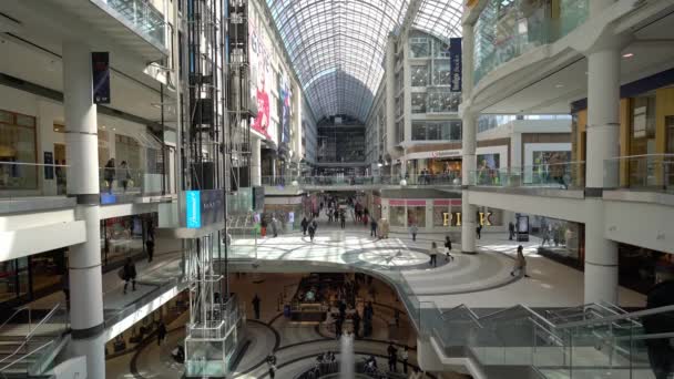 多伦多伊顿中心玻璃屋顶下的现代购物中心购物灯火通明 角度开阔 — 图库视频影像