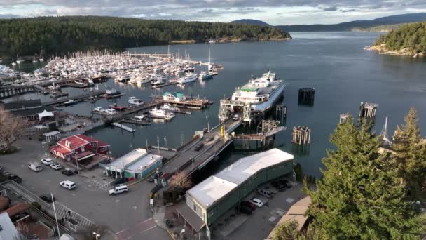 Cinematic Aerial Drone Footage Docked Ferry Unloading Port Town Friday — Stok video