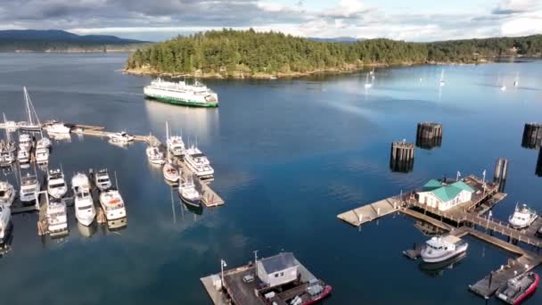 Cinematic Aerial Drone Footage Port Town Friday Harbor Arriving Ferry — Vídeo de Stock