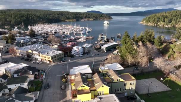 Zdjęcia Lotu Ptaka Przypływającego Promem Wsdot Portu Miasta Friday Harbor — Wideo stockowe