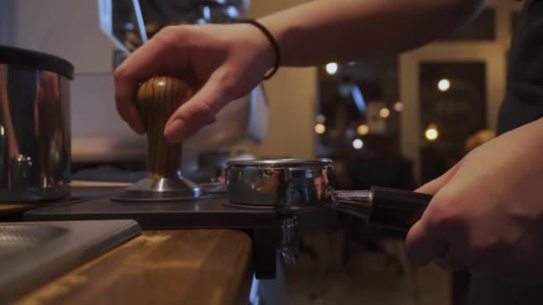 Barista Tamping Coffee Grinds Bar Small Cafe Early Morning Static — Vídeo de Stock