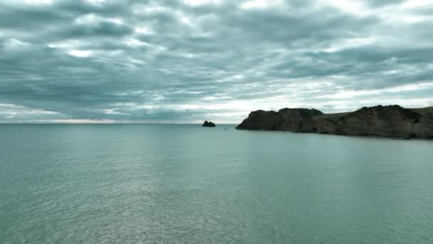 Aerial Scandinavian Noir Sea Stark Headland Tolaga Bay New Zealand — Stockvideo