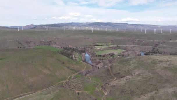 Cinematic Aerial Drone Dolly Shot Horizontal Axis Wind Turbines Windmills — Stock videók