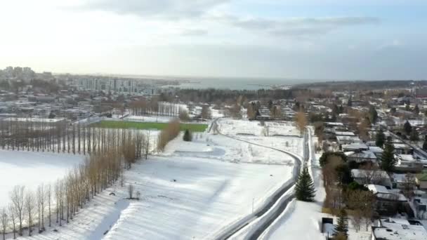 Snow Covered Ground Park Neighborhood Reykjavik Winter Iceland Aerial — Stock Video