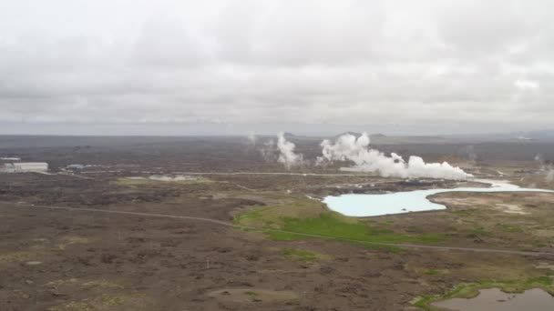 Steam Rising Hot Springs Cloudy Day Geothermal Landscape Iceland Wide — Stock videók