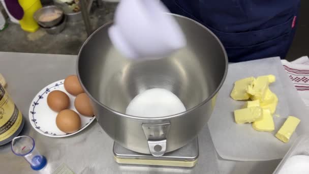 Measuring Precise Quantity Caster Sugar Baking Recipe Pouring Mixing Bowl — Vídeo de stock