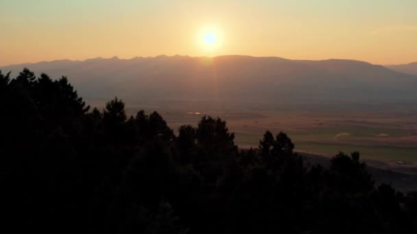 Onward Moving Aerial Shot Trees Sunset While Revealing Paradise Valley — Stockvideo