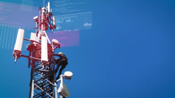 Engineer Climbing Antenna Establishing Internet Connection Render — Wideo stockowe