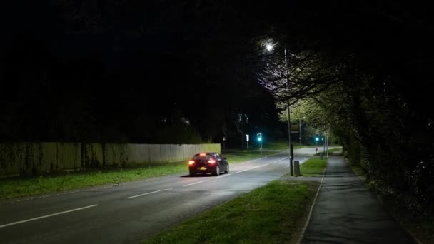 Mörk Gata Natten Upplyst Gatubelysning Med Bilar Som Kör Förbi — Stockvideo