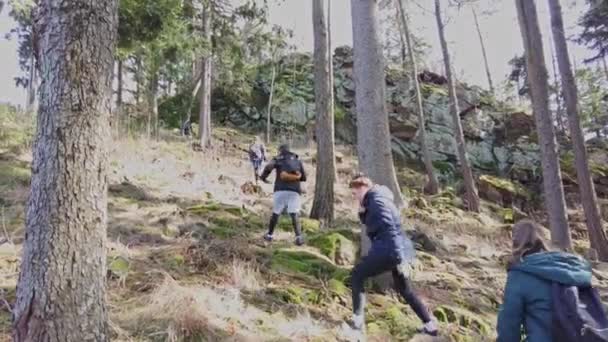 Skupina Cestovatelů Batohy Vylézt Strmý Kopec Skalnatém Lese Slunečného Jarního — Stock video