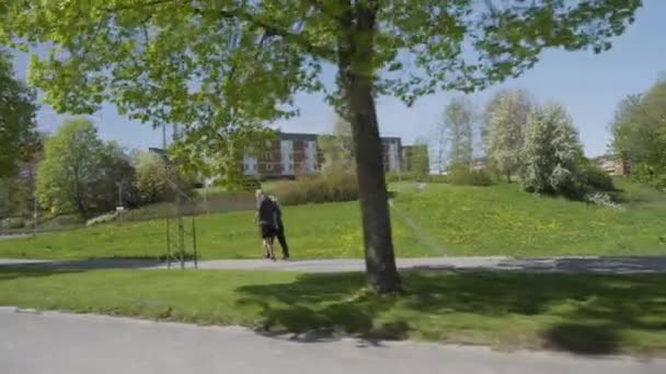 瑞典诺克平 一对年迈的运动型夫妇在林荫大道上散步时的车窗景观 — 图库视频影像