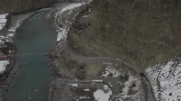 Drone Shot Altit Fort Hunza Valley Turquoise River Autumn Forest — стоковое видео