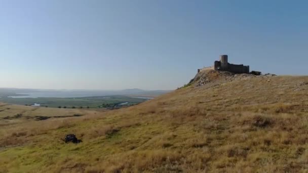 Aerial Drone Rising Shot Front Side Enisala Medieval Fortress Top — Stockvideo