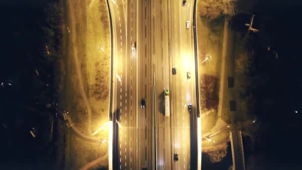 Vehicles Driving Multi Lane Highway Illuminated Night Aerial — Vídeo de stock