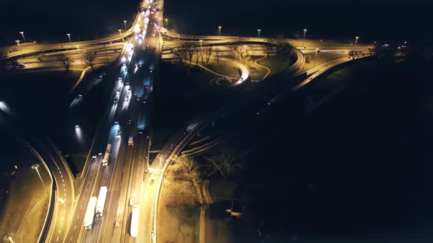 Aerial Parallax Multiple Vehicles Driving Illuminated City Highway Night — Video