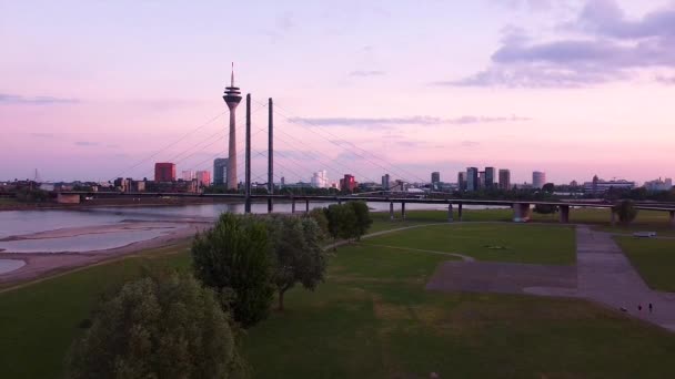Dusseldorf City Germany Aerial Cityscape Rhine Tower Popular Tourist Attraction — Stock Video