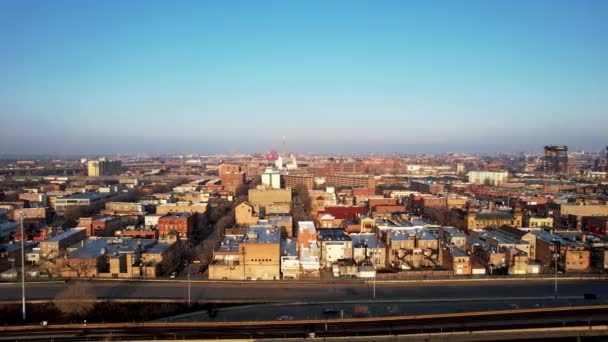 City Neighborhood Cars Traveling Street Aerial — Vídeos de Stock