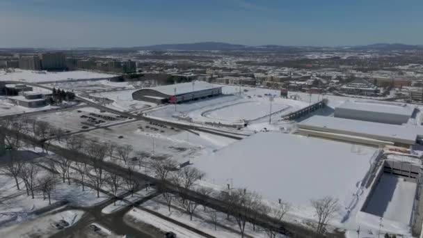 Luchtfoto Van Stade Telus Laval University Stadium Bedekt Met Sneeuw — Stockvideo