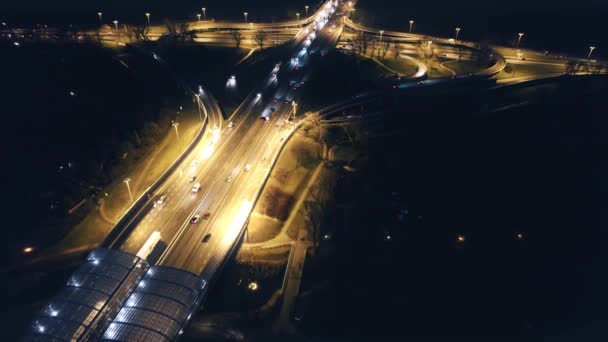 Illuminated Road Intersection Night Aerial Drone View — Video