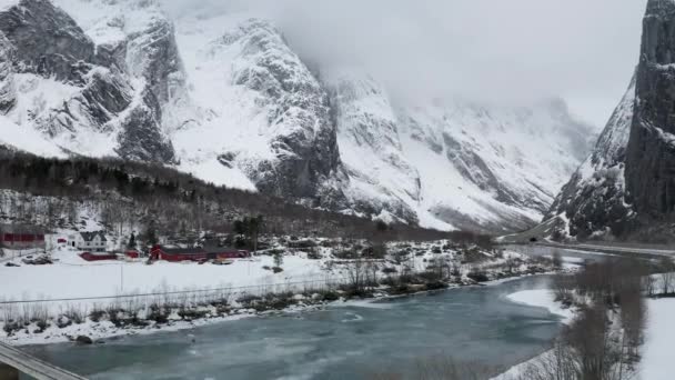 Icy River Ndalsnes Western Norway Winter Drone Shot Tilt Pan — Video Stock