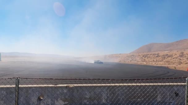 Smoke Burning Tires Drift Racers Make Hairpin Turns Willow Springs — Stock Video