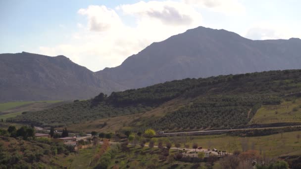 Prachtig Uitzicht Het Spaanse Platteland Met Heuvels Bergen Landelijke Weg — Stockvideo