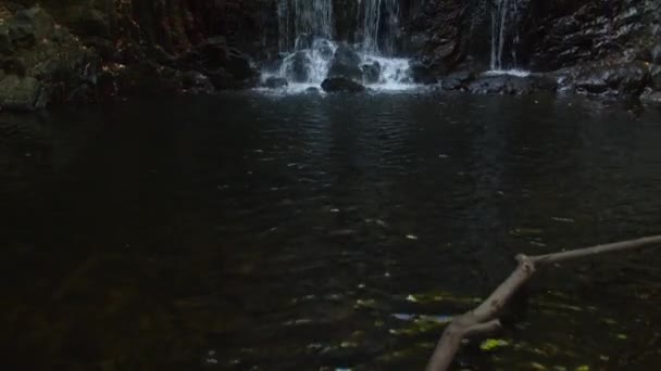 Pequena Lagoa Água Perto Majestoso Fluxo Cachoeira Penhasco Rochoso Inclinar — Vídeo de Stock
