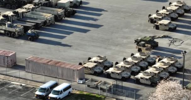 Drone Shot Military Base Full Armed Machinery Ready War Rotating — стоковое видео
