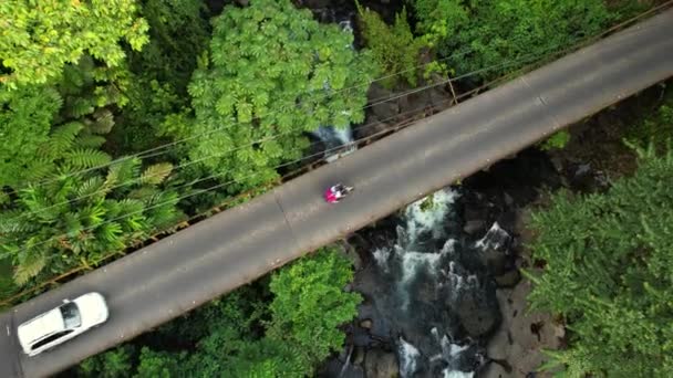 Puente Carretera Estrecho Donde Varios Vehículos Pasan Través Del Paisaje — Vídeos de Stock