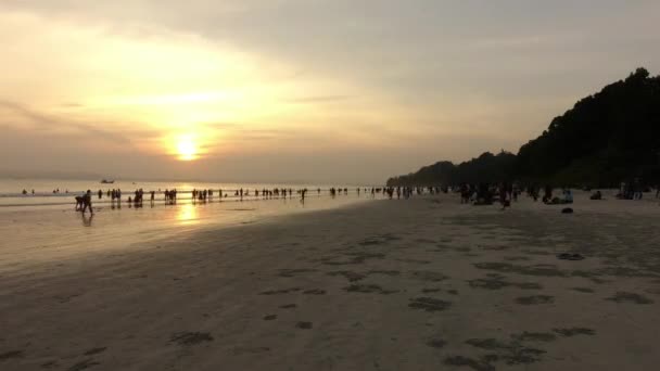 Timelapse Sunset Radhanagar Beach Andaman Islands Silhouettes People Moving Enjoying — Stockvideo
