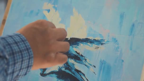 Artist Painting Herns Palette Khife Canvas — Stock Video