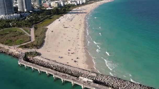 Aerial View Overlooking People Sun Bathing South Point Beach Miami — 비디오