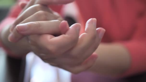 Hands Young Woman Applying Hand Cream Hands Massage Disinfection Static — Vídeo de stock