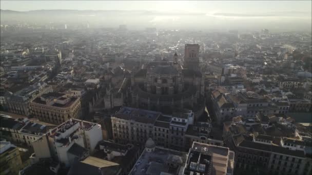 Cathedral Incarnation Cityscape Misty Day Granada Spain Aerial Forward Tilt — ストック動画
