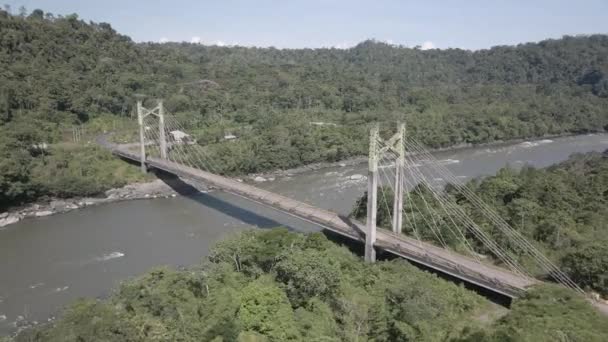 Aerial Orbiting Shot Car Crossing Bridge River Surrounded Amazon Rainforest — стоковое видео