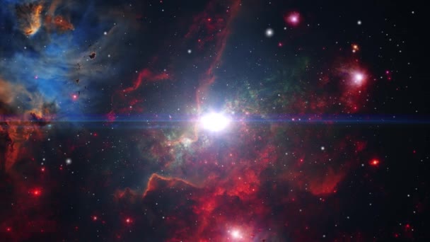 Wszechświat Przelatujący Przez Czerwone Chmury Mgławicy Pole Gwiazd Przestrzeni Kosmicznej — Wideo stockowe