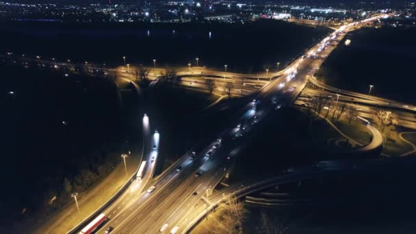 Illuminated Road Intersection Night Warsaw Poland Aerial Drone View Reveal — Video